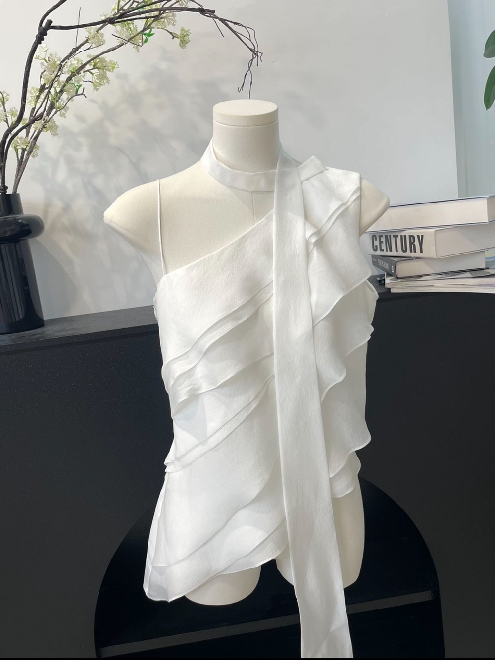 One-Shoulder Ruffle White Blouse Dress